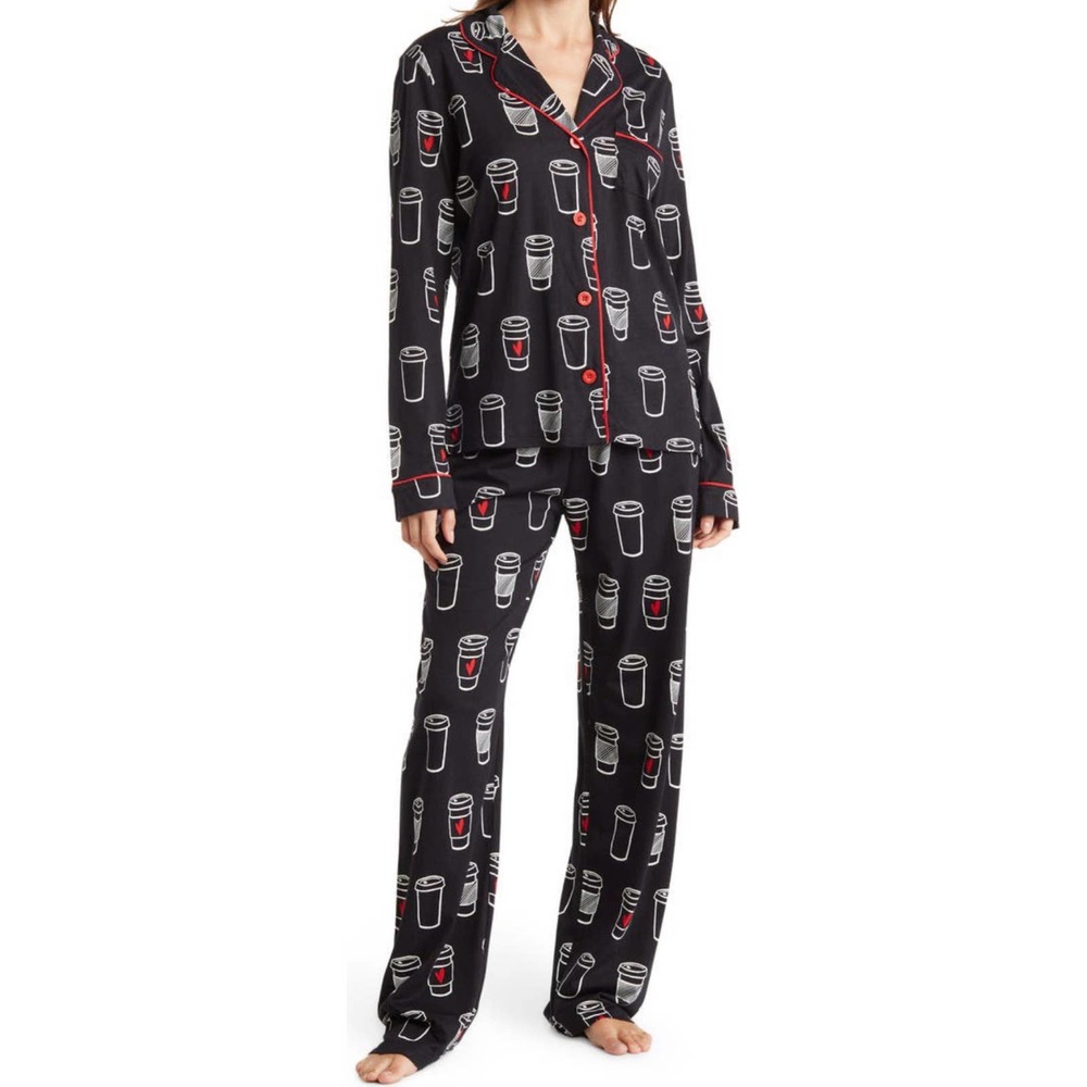 NWT PJ Salvage Jersey Long Sleeve Top Pants Coffee/Tea Hearts 2 Piece Pajama Set